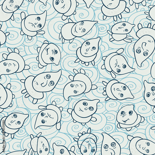 Seamless background with funny faces of anthropomorphic creatures. Humorous characters with different emotions