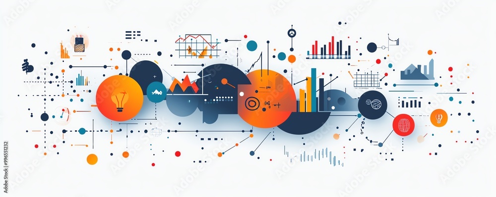 Obraz premium Innovative technology icons with business graphs, modern tech concept, vector design, isolated on white background