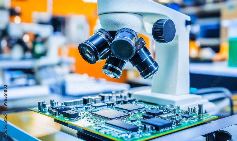 Using a precision automated machine arm in an electronic manufacturing facility, circuit board components are calibrated and assembled Using a precision automated machine arm in an electronic manufacturing facility, circuit board components are calibrated and assembled