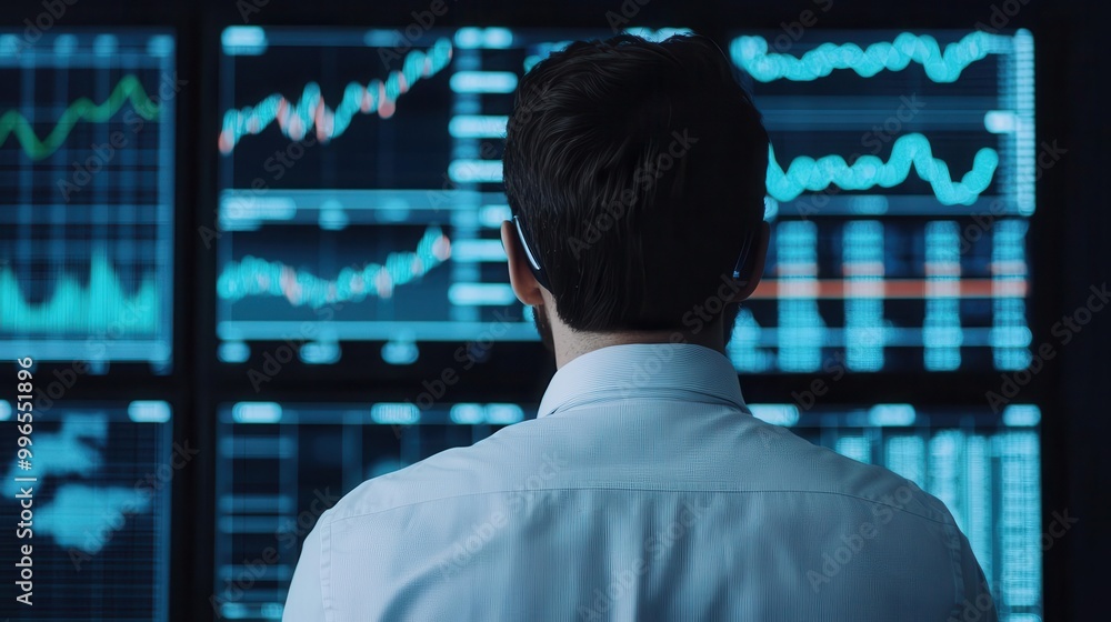 Investor presenting global financial strategy, digital screens with stock indices, global business presentation, capital investment Investor presenting global financial strategy, digital screens with stock indices, global business presentation, capital investment