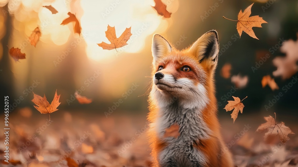 Naklejka premium Fox with autumn leaves, serene expression, nature background