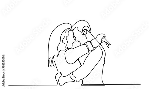 Continuous line drawing of Women and men hugging each other.A married couple of a romantic moment wife and husband. Yong girl boy embraces a woman in love a beautiful sight. Young beautiful couple 