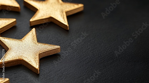 Gold star decorations on a dark background, artistic display.