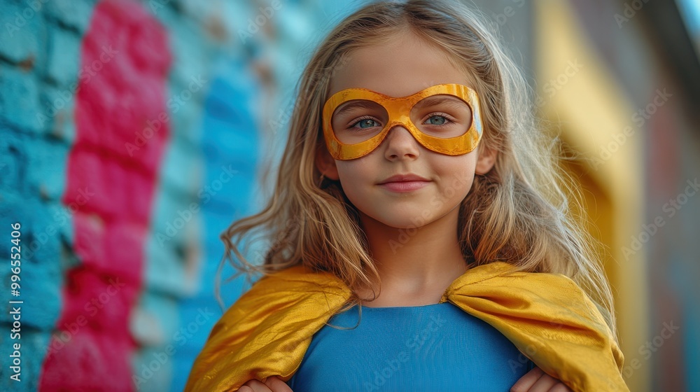 A young girl dressed as a superhero, exuding confidence and joy. A young girl dressed as a superhero, exuding confidence and joy.