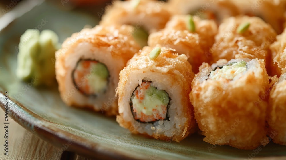 A plate displays a selection of crispy shrimp tempura rolls, garnished with fresh ginger and wasabi, invitingly arranged for a delightful dining experience A plate displays a selection of crispy shrimp tempura rolls, garnished with fresh ginger and wasabi, invitingly arranged for a delightful dining experience