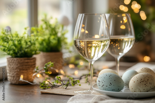 Easter table setting with colored eggs, spring flowers, and a white wine glass on the wooden surface of an Easter dining room table