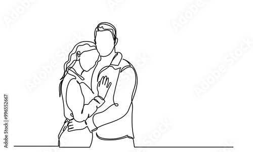 Continuous line drawing of Women and men hugging each other.A married couple of a romantic moment wife and husband. Yong girl boy embraces a woman in love a beautiful sight. Young beautiful couple 