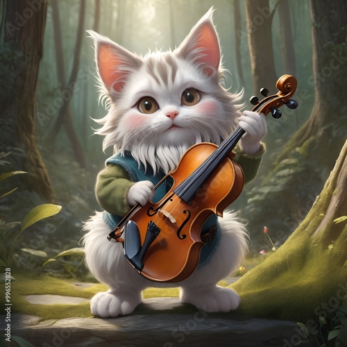 A charming white cat playing a violin in a magical forest setting with soft light