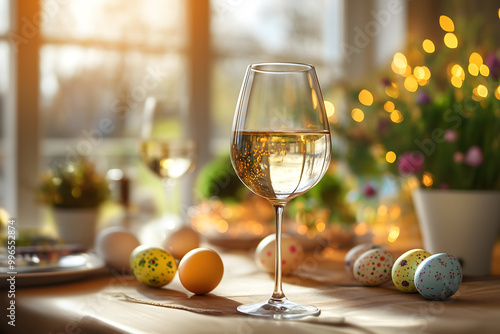 Easter table setting with colored eggs, spring flowers, and a white wine glass on the wooden surface of an Easter dining room table