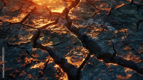 Cracked earth illuminated by vibrant sunset, long shadows stretching across the dry landscape, dramatic lighting, photo-realistic