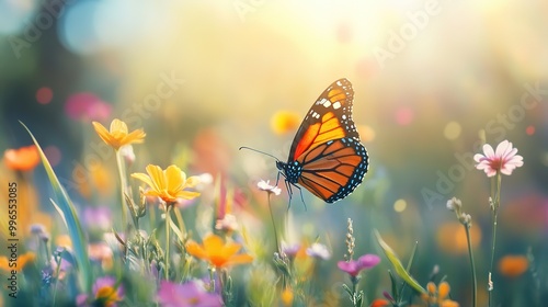 A vibrant monarch butterfly gracefully flits among blooming wildflowers in a sunlit garden during a warm spring afternoon