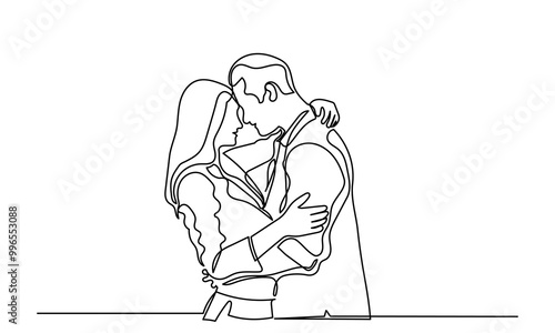 Continuous line drawing of Women and men hugging each other.A married couple of a romantic moment wife and husband. Yong girl boy embraces a woman in love a beautiful sight. Young beautiful couple 