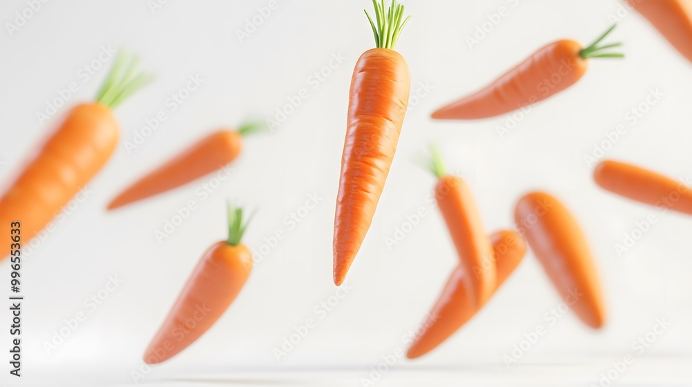 Fresh carrots falling in various positions against a clean white backdrop Fresh carrots falling in various positions against a clean white backdrop