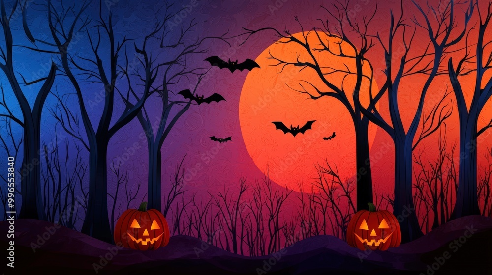 Spooky Halloween scene with bats, pumpkins, and a vibrant sunset background. Spooky Halloween scene with bats, pumpkins, and a vibrant sunset background.