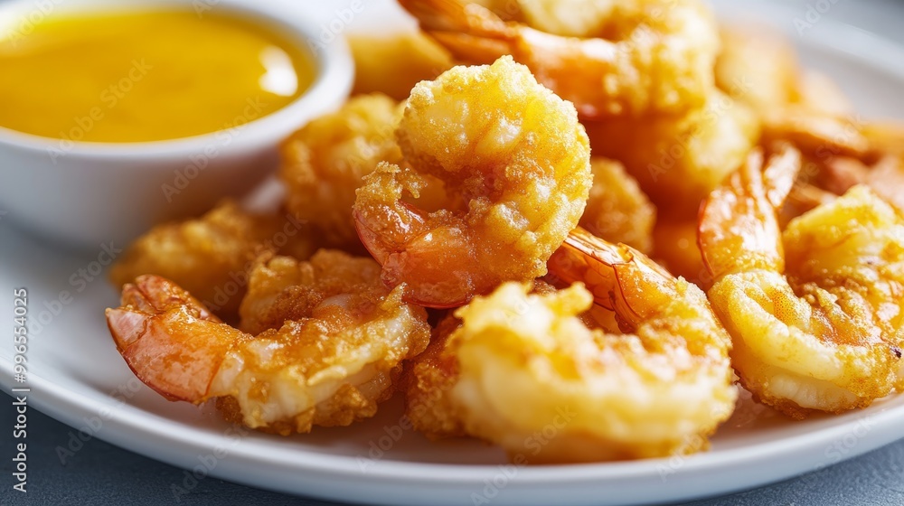 A plate features golden fried shrimp arranged alongside a small bowl of spicy mustard sauce, creating an appetizing seafood dish perfect for sharing or enjoying solo A plate features golden fried shrimp arranged alongside a small bowl of spicy mustard sauce, creating an appetizing seafood dish perfect for sharing or enjoying solo