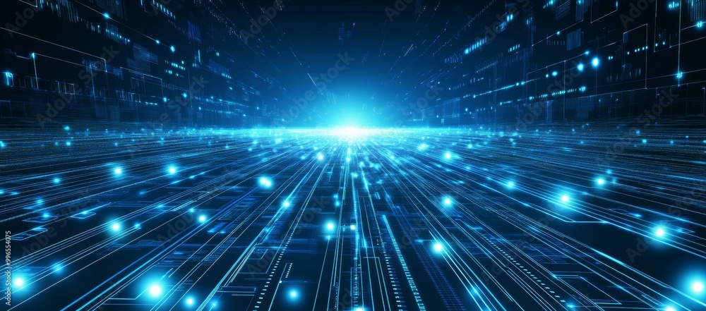 Obraz premium Digital mechanical background, schematic data, circuit board background, wireframe data, circuit board background. Technology connects blue lines with electronic elements, data engineering circuit