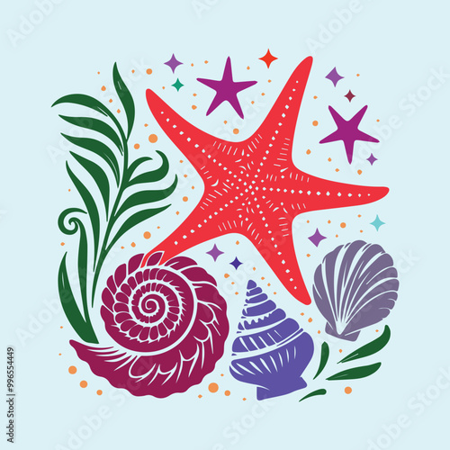 Starfish, Coral, wave. Bunch of Sea shell