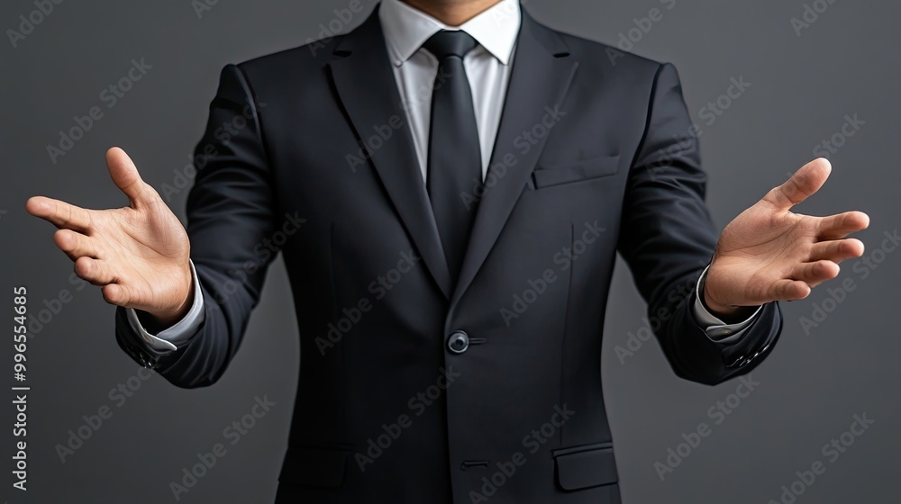 A professional businessman in a suit with open hands, conveying confidence and readiness for engagement in a formal setting. A professional businessman in a suit with open hands, conveying confidence and readiness for engagement in a formal setting.