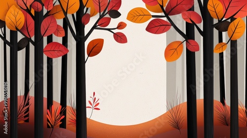 Stylized autumn forest with vibrant leaves and soft hills, white isolated background. photo