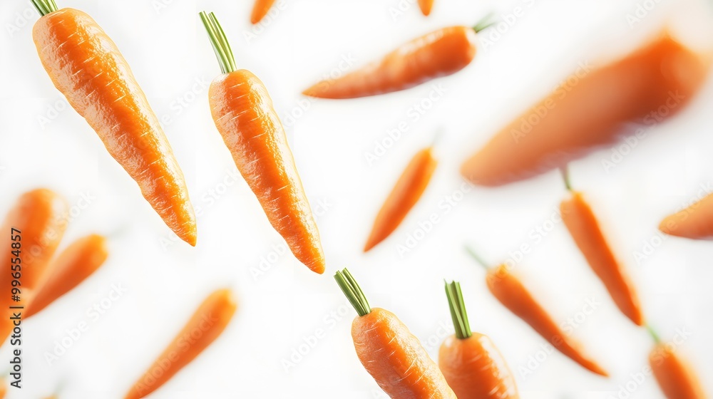 Carrots frozen in time during freefall on a white background Carrots frozen in time during freefall on a white background