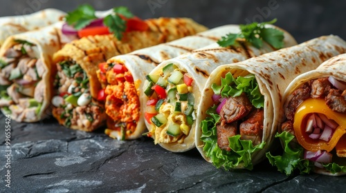 Various types of burrito wraps and shawarma and tacos set, collection. Fast foods snacks menu collection. Traditional shawarma, chicken tortilla wrap, meat taco, egg wrap, burrito, subway sandwich.  photo