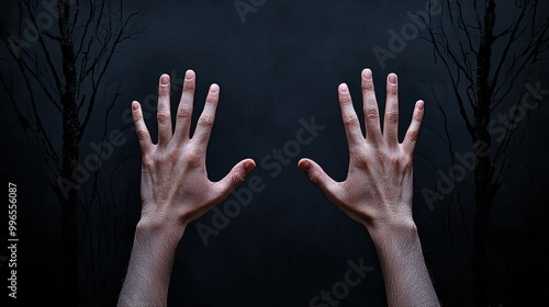 Two hands raised against a dark background with trees, expressing emotion and tension.