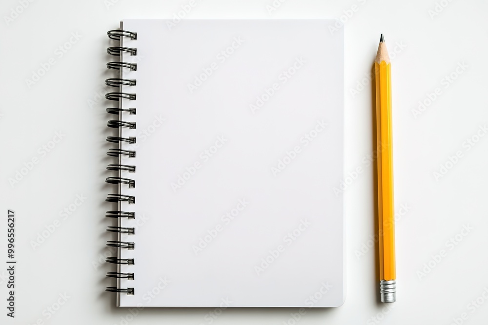 Blank spiral notebook beside yellow pencil on white Blank spiral notebook beside yellow pencil on white