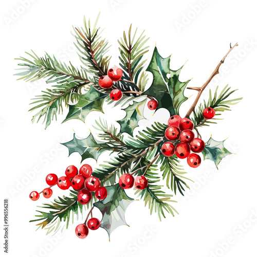 Watercolor Christmas Holly berry, branch with red berries and green leaves, holly on an isolated white background, watercolor illustration, hand drawing, Watercolor Christmas red Holly berry