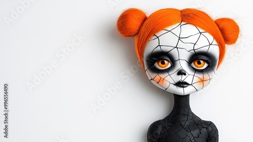 Unique doll with cracked face and vibrant orange hair, white isolated background. photo