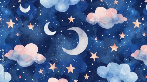 Watercolor night sky moons clouds and stars pattern for kids