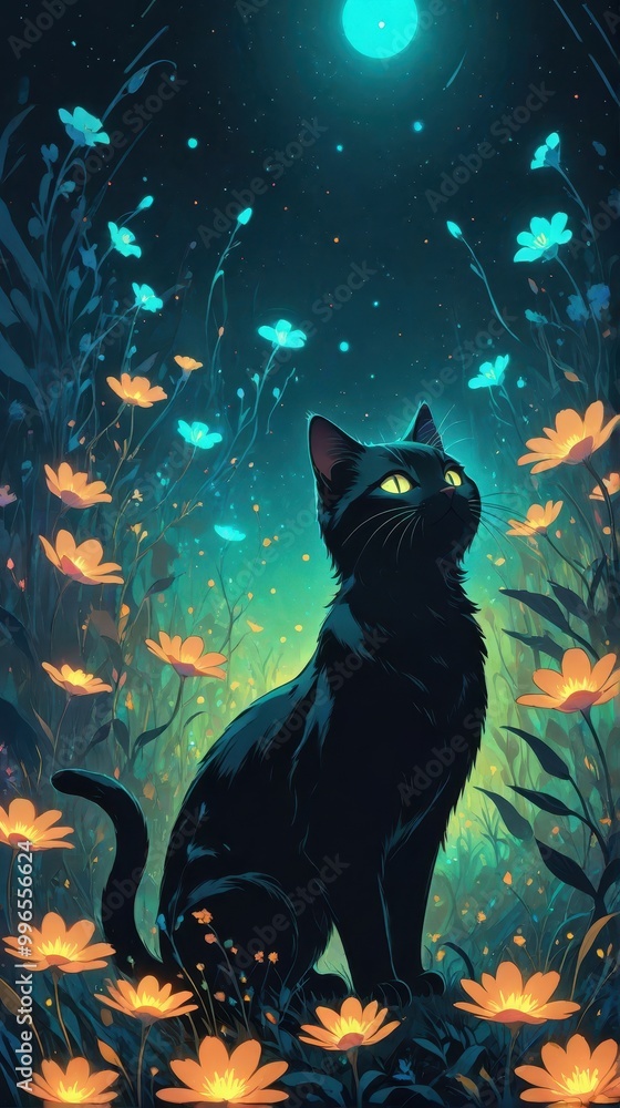 A cat silhouetted against a field of glowing bioluminescent flowers, phone wallpaper, phone background A cat silhouetted against a field of glowing bioluminescent flowers, phone wallpaper, phone background