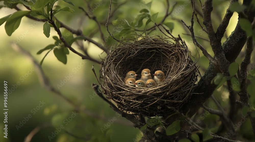 Nesting chicks in a tree, surrounded by vibrant spring blossoms on a sunny day in a peaceful backyard garden Nesting chicks in a tree, surrounded by vibrant spring blossoms on a sunny day in a peaceful backyard garden