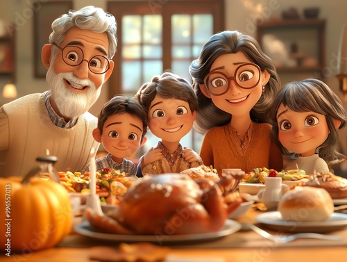 Thanksgiving dinner, multigenerational family, joyful atmosphere, 3D illustration photo