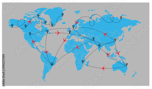 flight line paths going across blue world map, flying white airplanes routes vector illustration