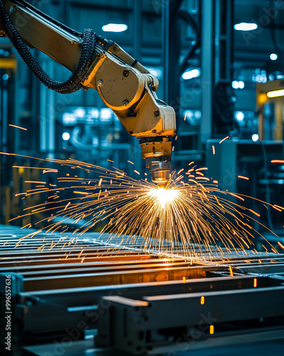 robotic arm is welding metal parts together, creating bright sparks in modern industrial setting. scene captures precision and energy of automated manufacturing