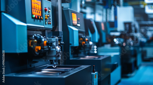 Wallpaper Mural High tech CNC machines are lined up in modern manufacturing facility, showcasing precision engineering and advanced technology. blue lighting enhances industrial atmosphere Torontodigital.ca