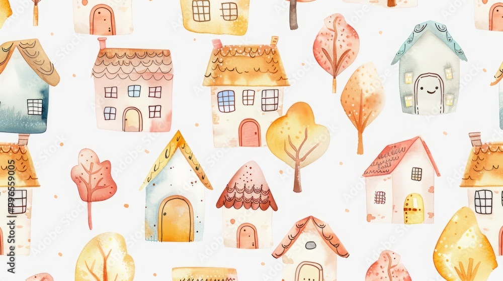 Colorful houses and trees pattern illustration Colorful houses and trees pattern illustration