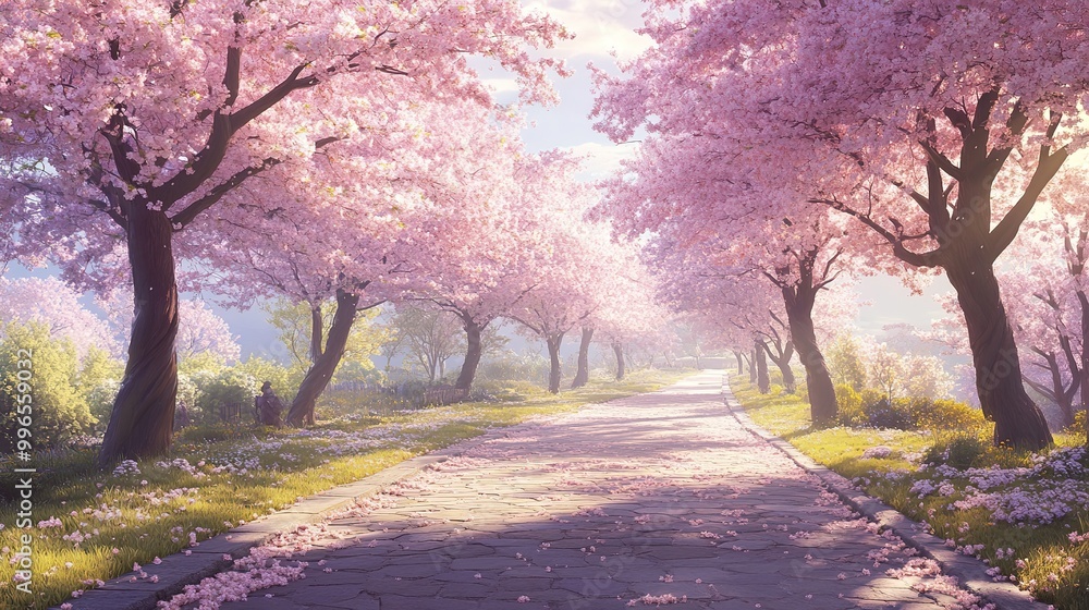 A serene pathway lined with cherry blossoms in spring, creating a picturesque scene of nature’s beauty at dawn A serene pathway lined with cherry blossoms in spring, creating a picturesque scene of nature’s beauty at dawn