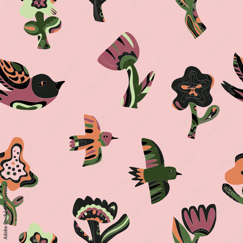 Flowers and birds stylized folk art elements Vector seamless overlapping pattern Flowers and birds stylized folk art elements Vector seamless overlapping pattern