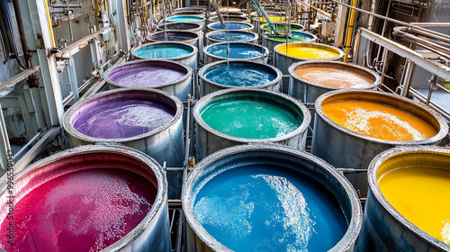 Colorful dyeing process in textile factory showcasing vibrant hues in large containers. scene captures essence of creativity and craftsmanship in textile production