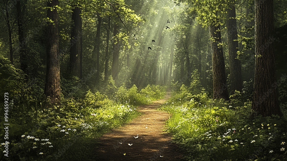 Fototapeta premium Lush green forest path with sunlight filtering through trees and wildflowers blooming in springtime