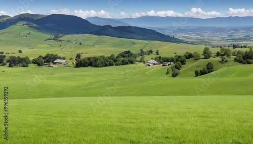 Expansive green hills show farmhouses beneath a clear blue sky in a serene rural landscape during a sunny day. Generative AI