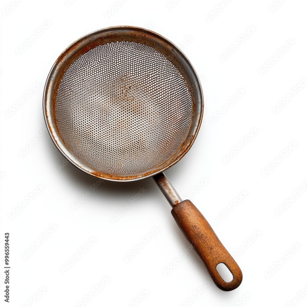 A rustic mesh strainer with a wooden handle, ideal for kitchen use in various cooking techniques and food preparation. A rustic mesh strainer with a wooden handle, ideal for kitchen use in various cooking techniques and food preparation.