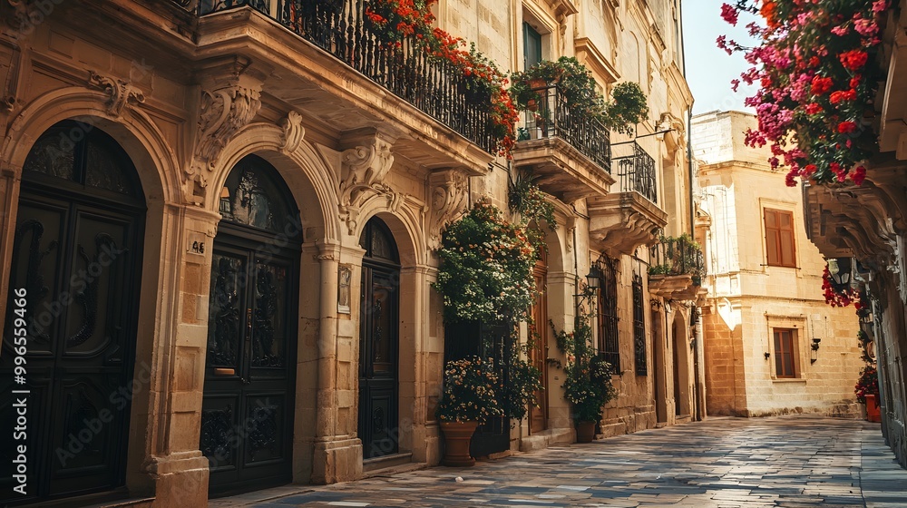 A charming street scene likely in a European town featuring traditional stone buildings with wooden doors and balconies A charming street scene likely in a European town featuring traditional stone buildings with wooden doors and balconies