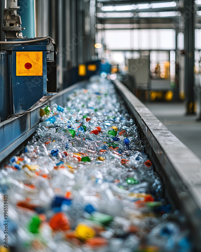 Recycling plastic bottles in modern facility showcases importance of sustainability. vibrant colors of bottles highlight variety of materials being processed