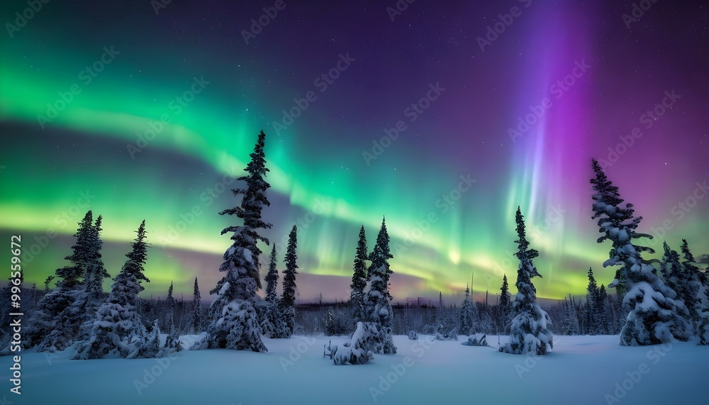 Fototapeta premium Vibrant aurora borealis lighting up a snowy forest landscape during the winter night in the northern wilderness. Generative AI