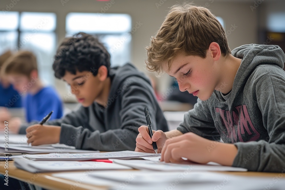Concentrated students engaged in writing at desks Concentrated students engaged in writing at desks