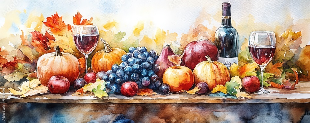 Fototapeta premium Thanksgiving table with harvest vegetables, vibrant autumn colors, festive setting, Watercolor style
