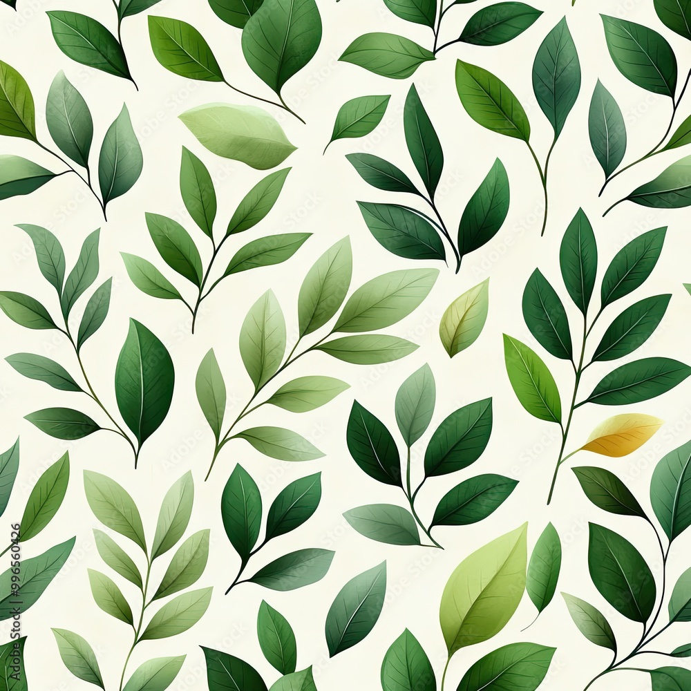 A seamless pattern of various green leaves on a light background, perfect for nature-themed designs and decor. A seamless pattern of various green leaves on a light background, perfect for nature-themed designs and decor.