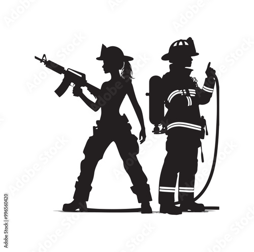 pose of Firefighter silhouette vector illustration 